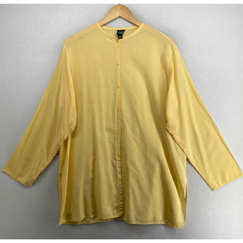 EILEEN FISHER Tunic L Cotton Woven Shirt Blouse Mandarin Button Up Yellow VTG